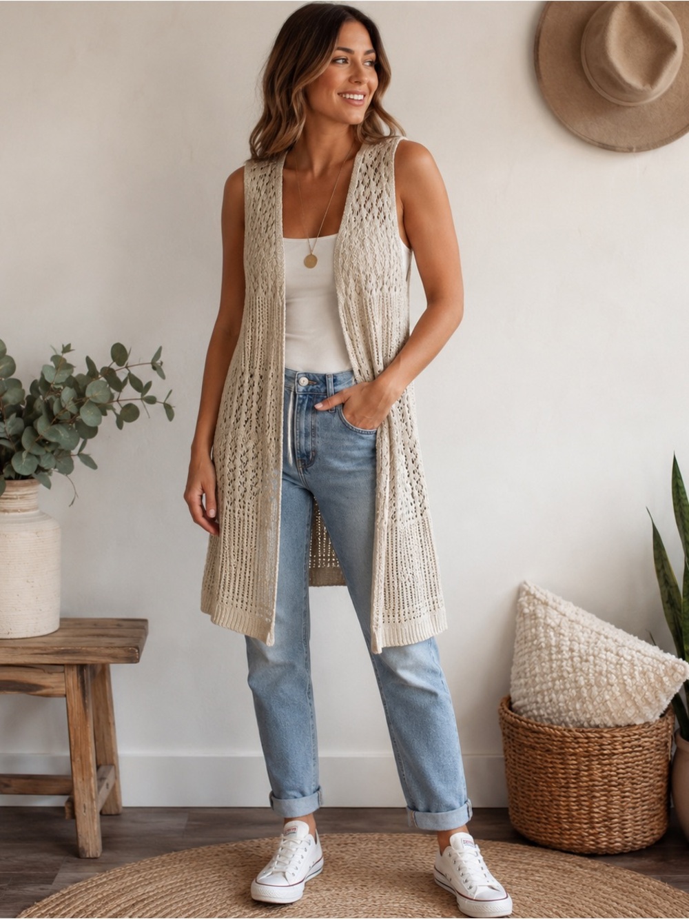 Natural Fiber Women’s M Long Crochet Knit Vest Beige Open Front Boho Duster 39”